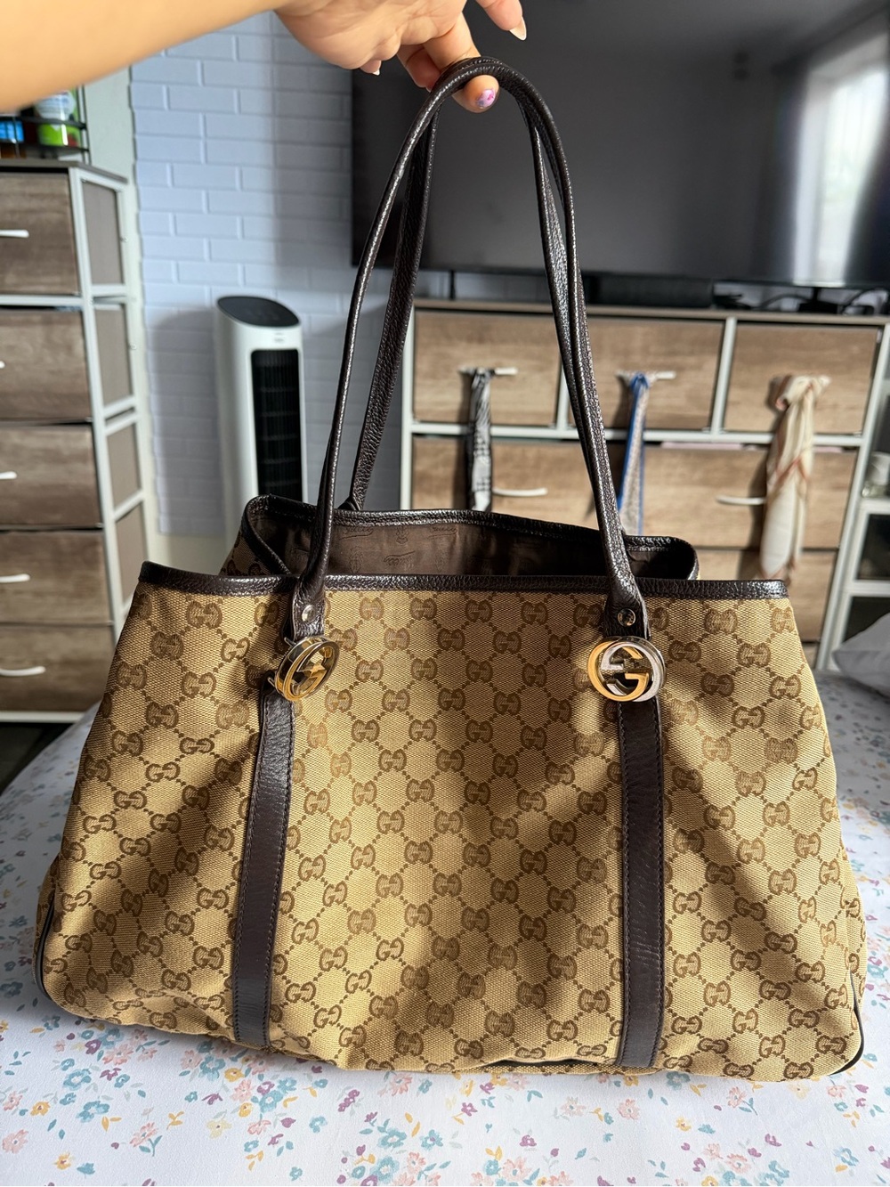 Gucci Brown GG Canvas Tote with Dark Brown Leather and Gold Hardware